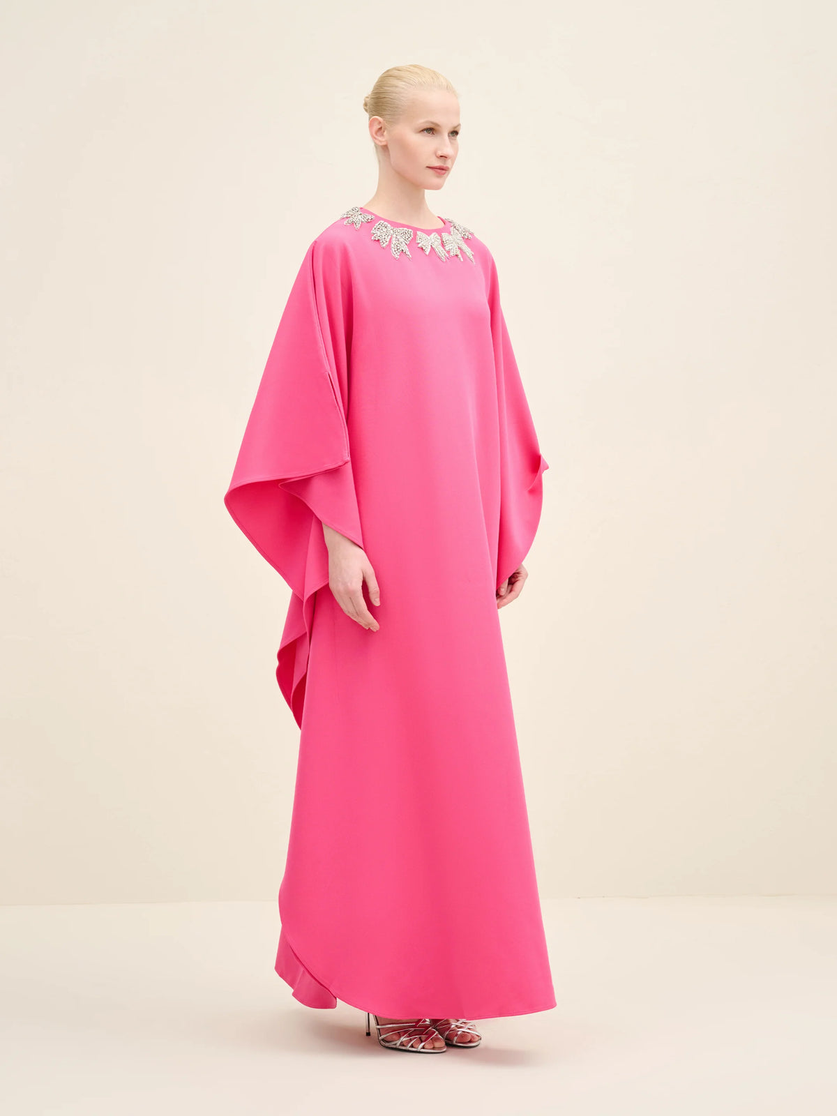 NÉAN Bow Embellished-Neck Kaftan Gown - Fuchsia