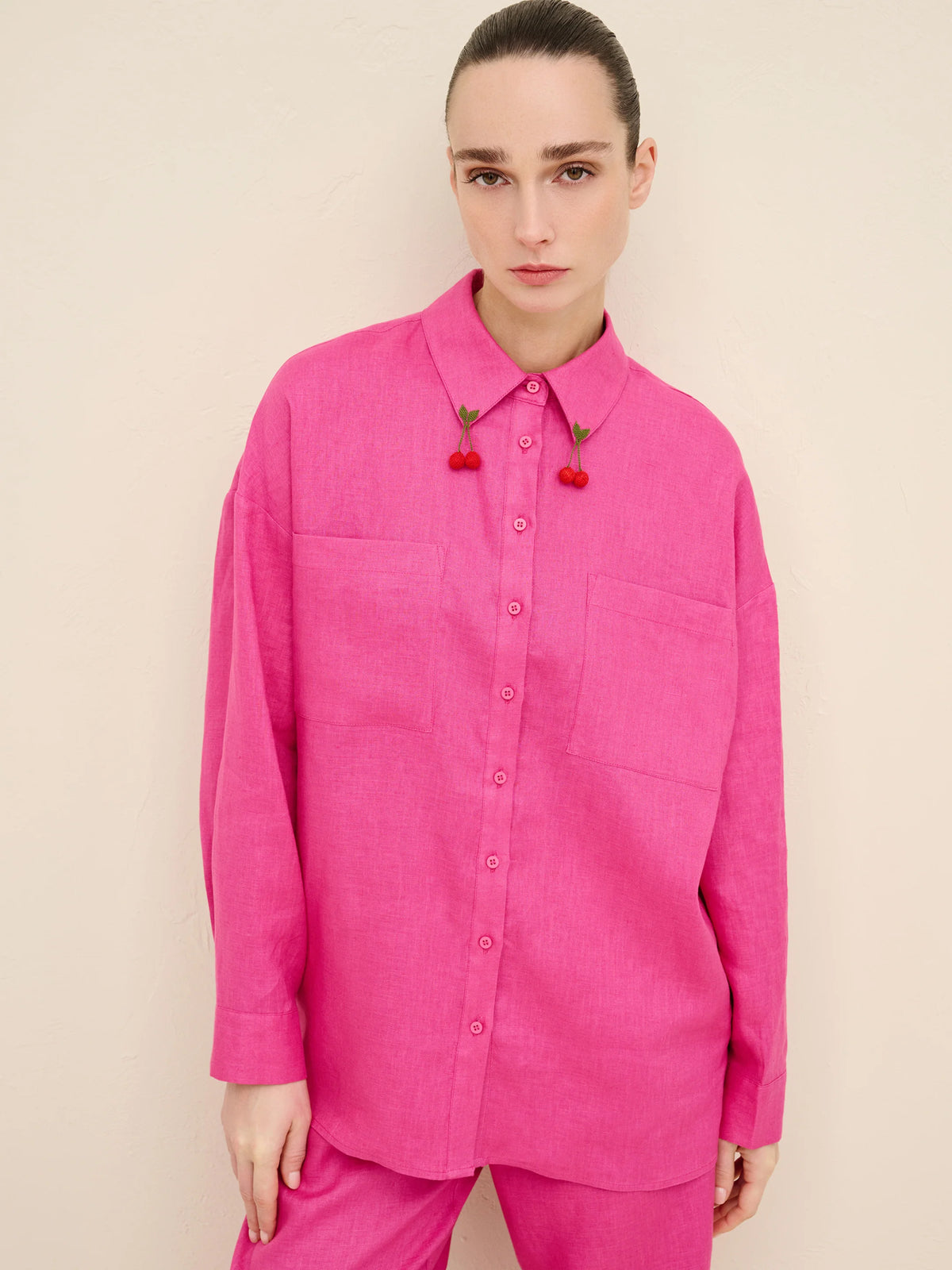 NÉAN Cherry-Needlework Linen Shirt - Fuchsia
