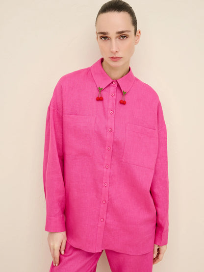 NÉAN Cherry-Needlework Linen Shirt - Fuchsia