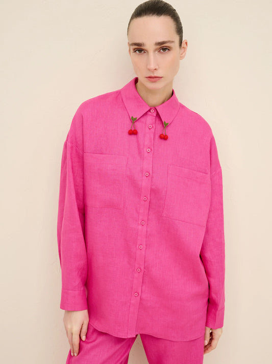 NÉAN Cherry-Needlework Linen Shirt - Fuchsia