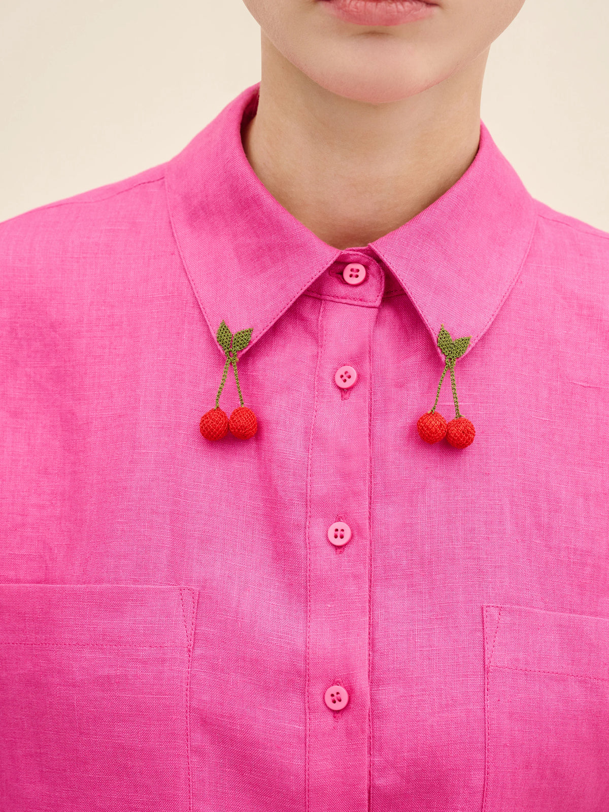 NÉAN Cherry-Needlework Linen Shirt - Fuchsia