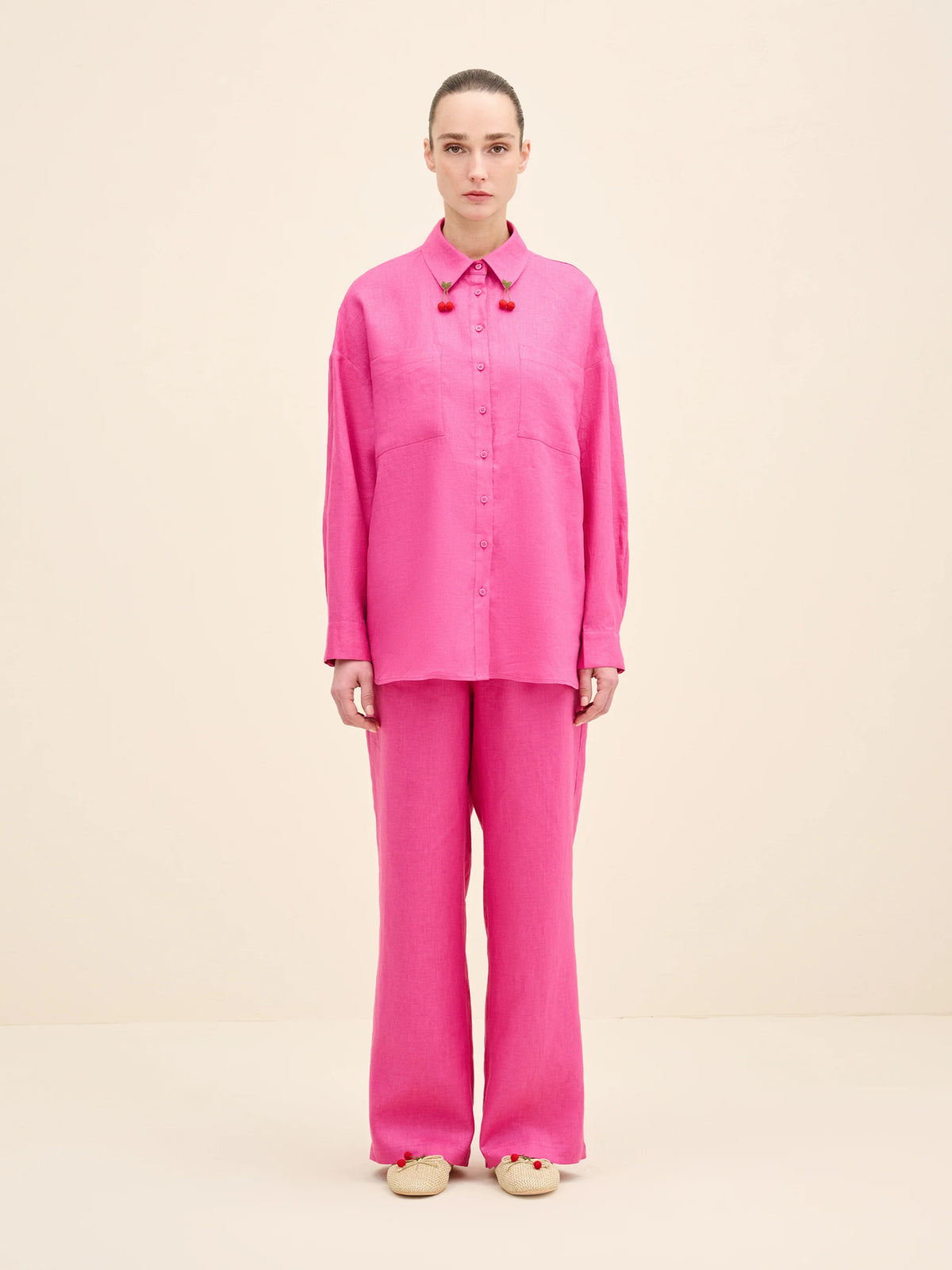 NÉAN Cherry-Needlework Linen Shirt - Fuchsia