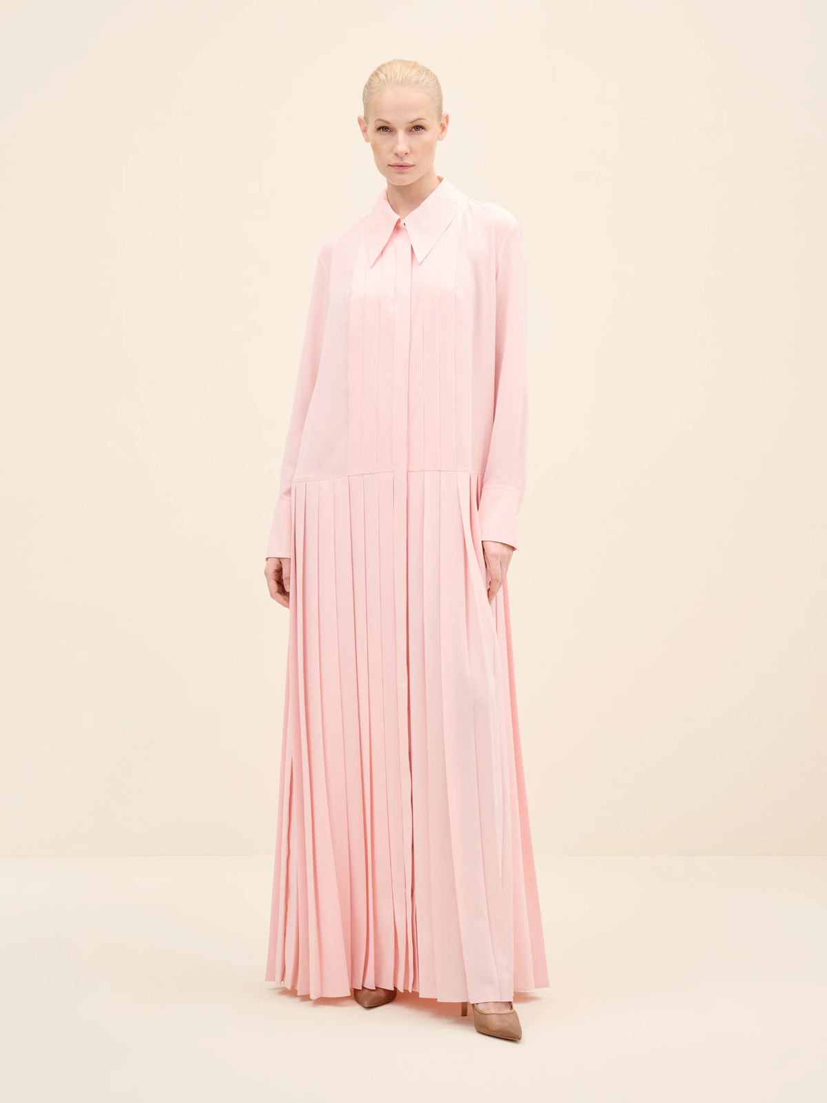 NÉAN Crepe Pleated Shirt Dress - Light Blush