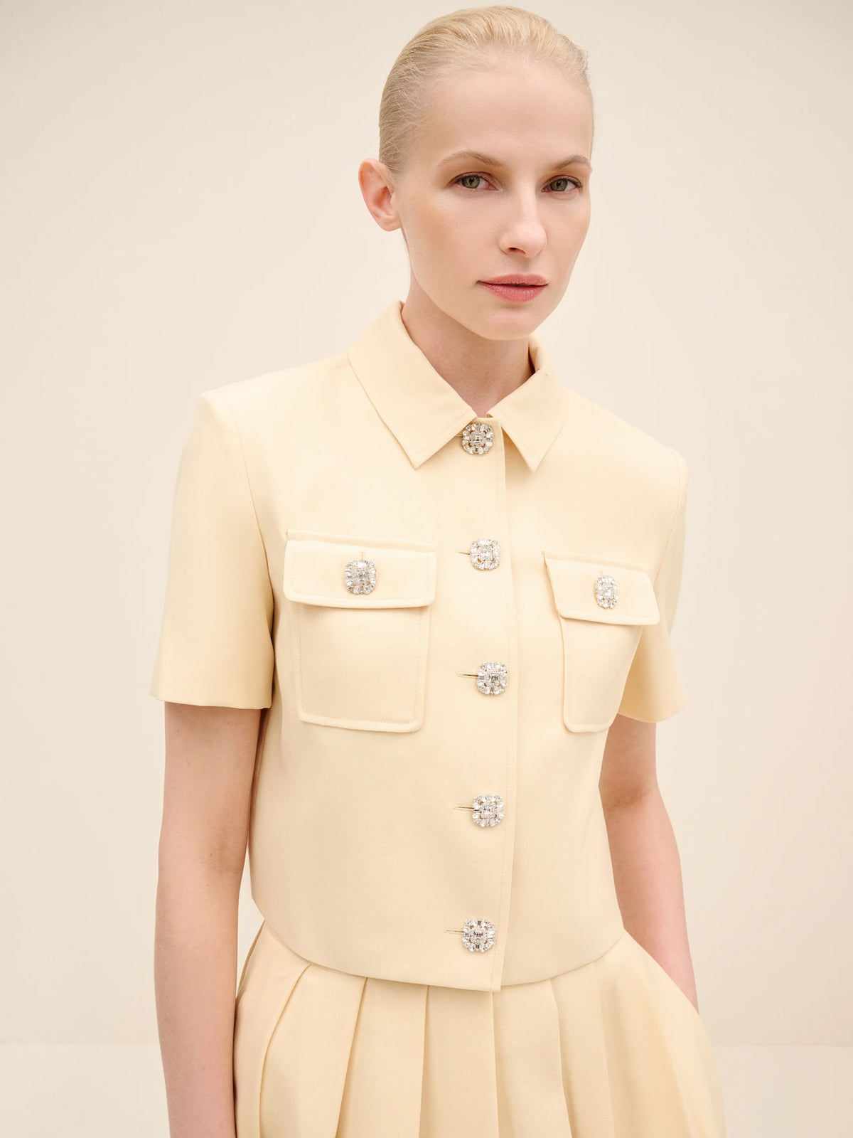 NÉAN Crystal-Button Cropped Jacket - Beige