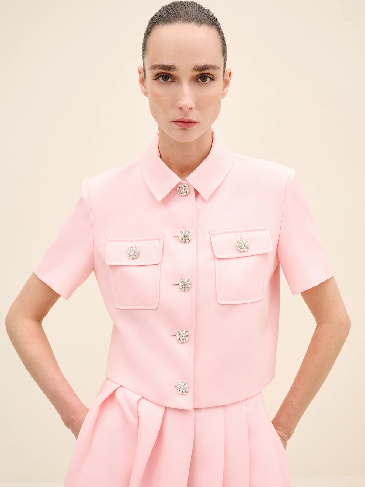 NÉAN Crystal-Button Cropped Jacket - Pink