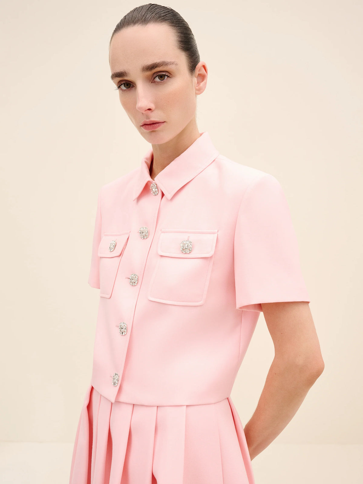 NÉAN Crystal-Button Cropped Jacket - Pink