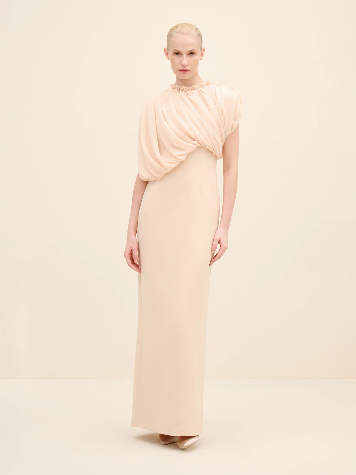 NÉAN Draped Chiffon Bodice Crepe Column Gown - Beige