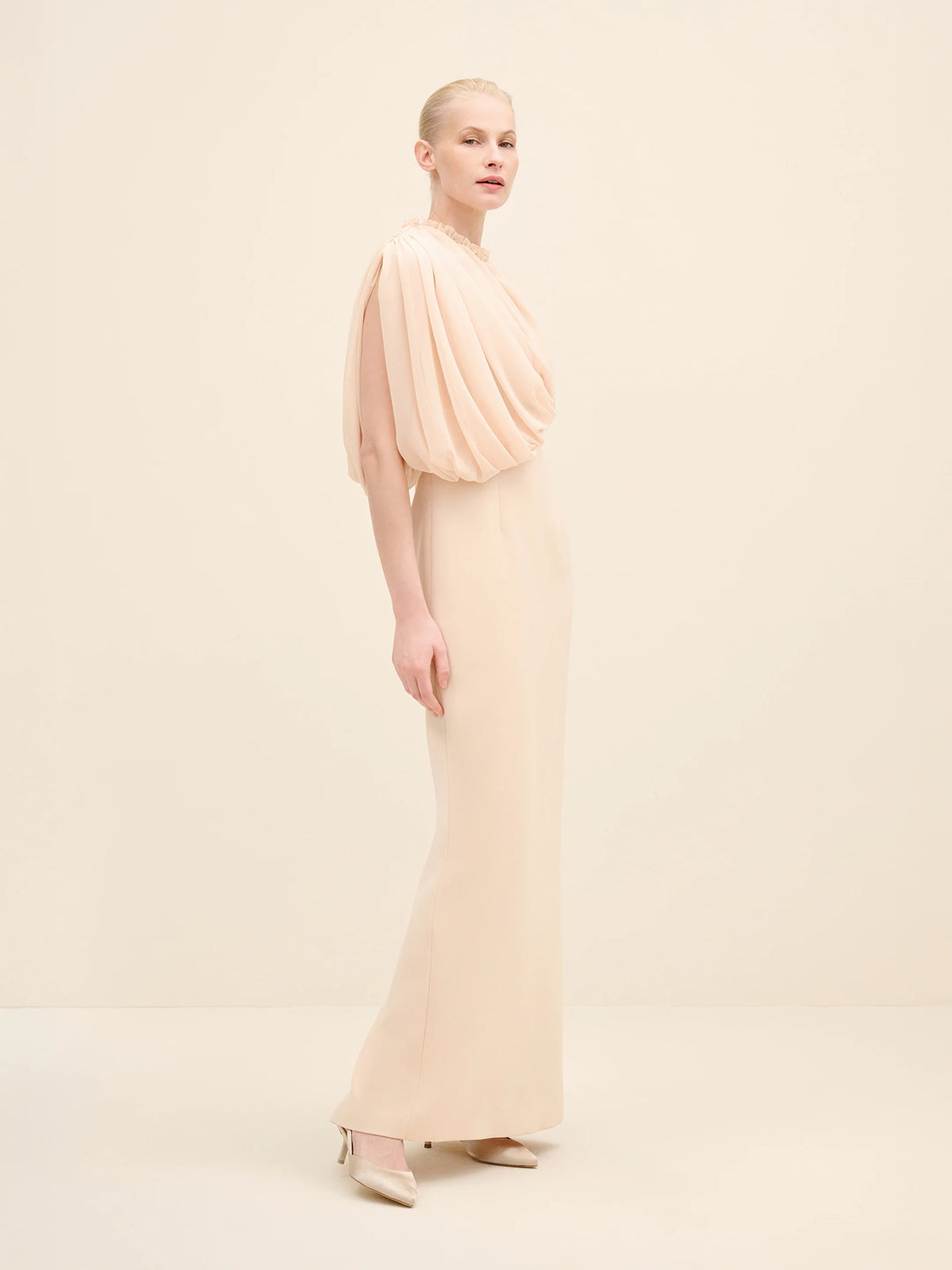 NÉAN Draped Chiffon Bodice Crepe Column Gown - Beige