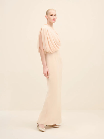 NÉAN Draped Chiffon Bodice Crepe Column Gown - Beige