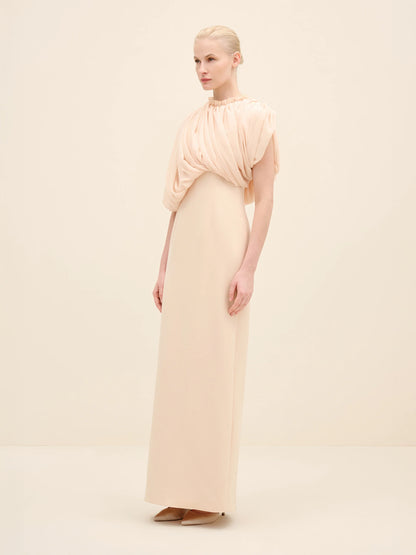 NÉAN Draped Chiffon Bodice Crepe Column Gown - Beige