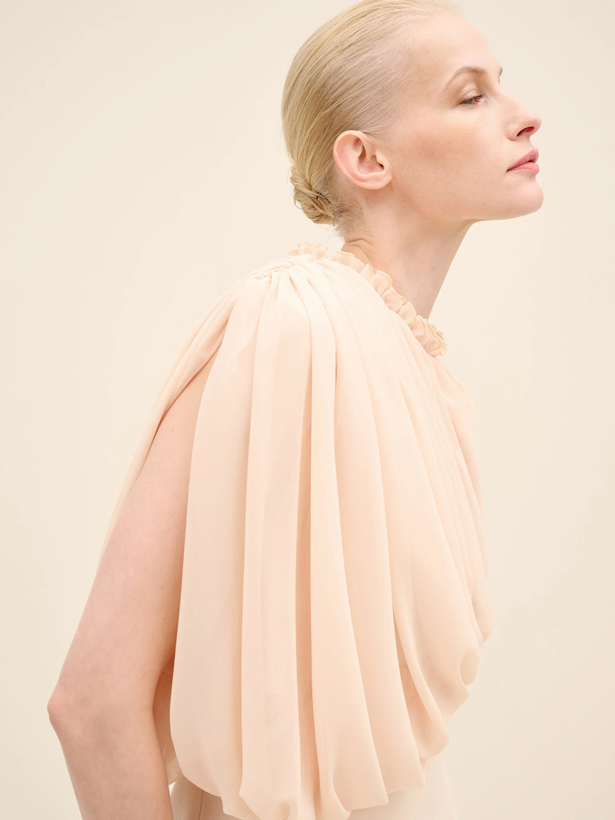 NÉAN Draped Chiffon Bodice Crepe Column Gown - Beige