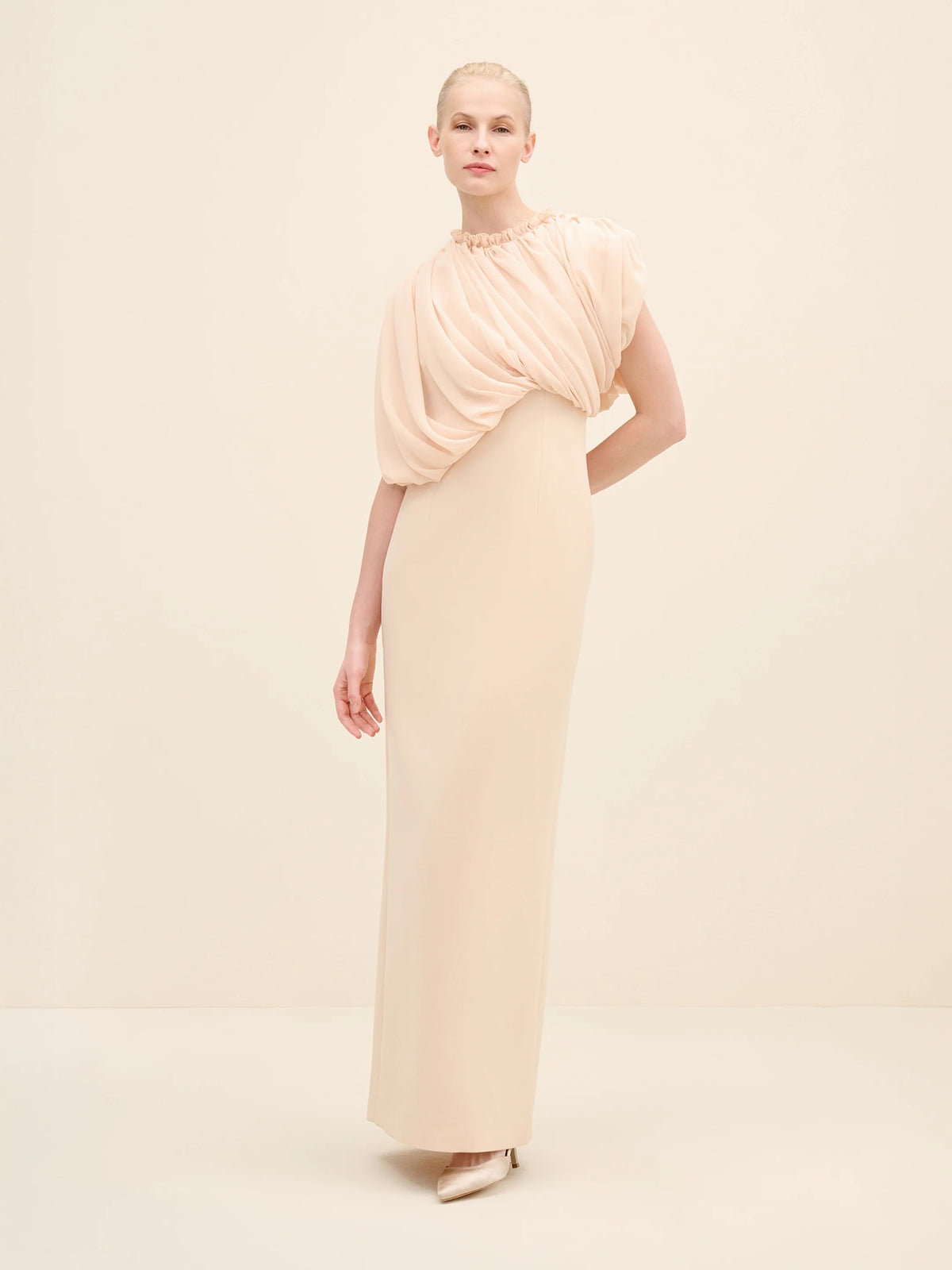 NÉAN Draped Chiffon Bodice Crepe Column Gown - Beige