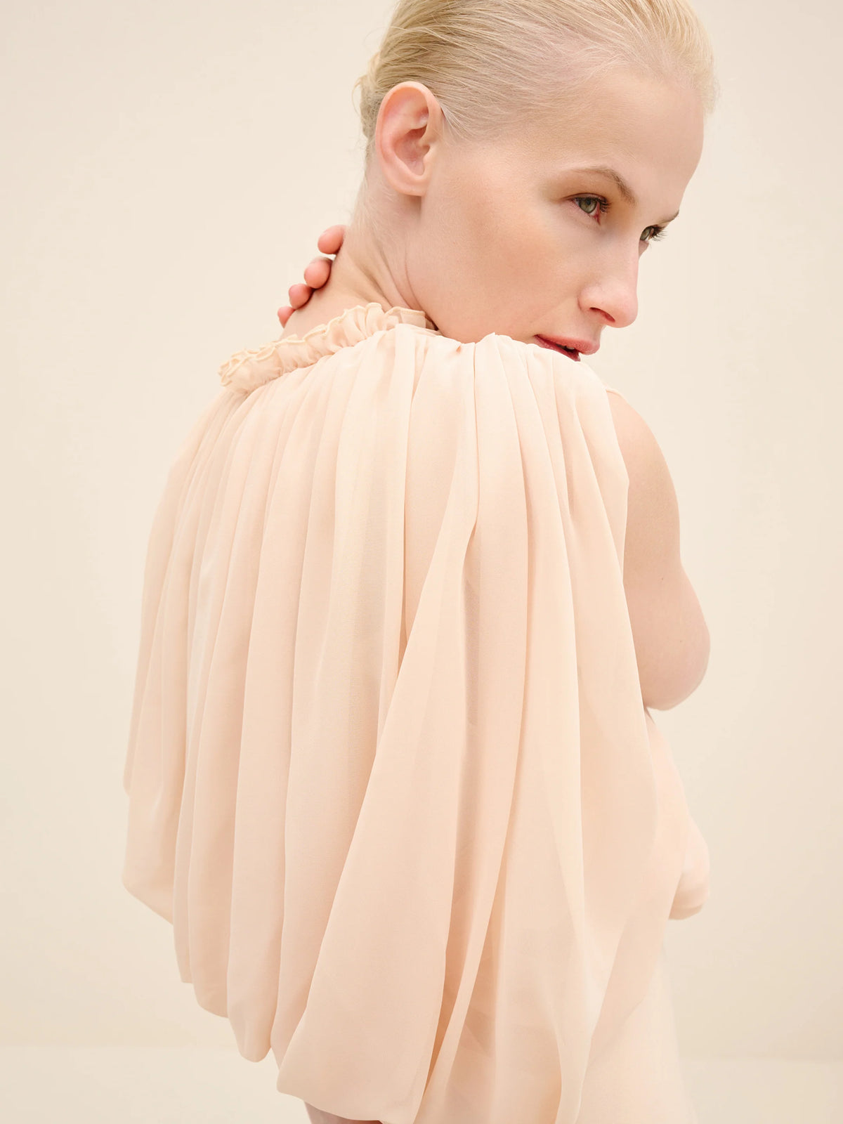 NÉAN Draped Chiffon Bodice Crepe Column Gown - Beige