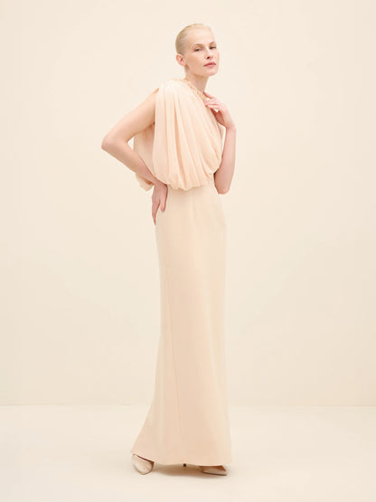 NÉAN Draped Chiffon Bodice Crepe Column Gown - Beige