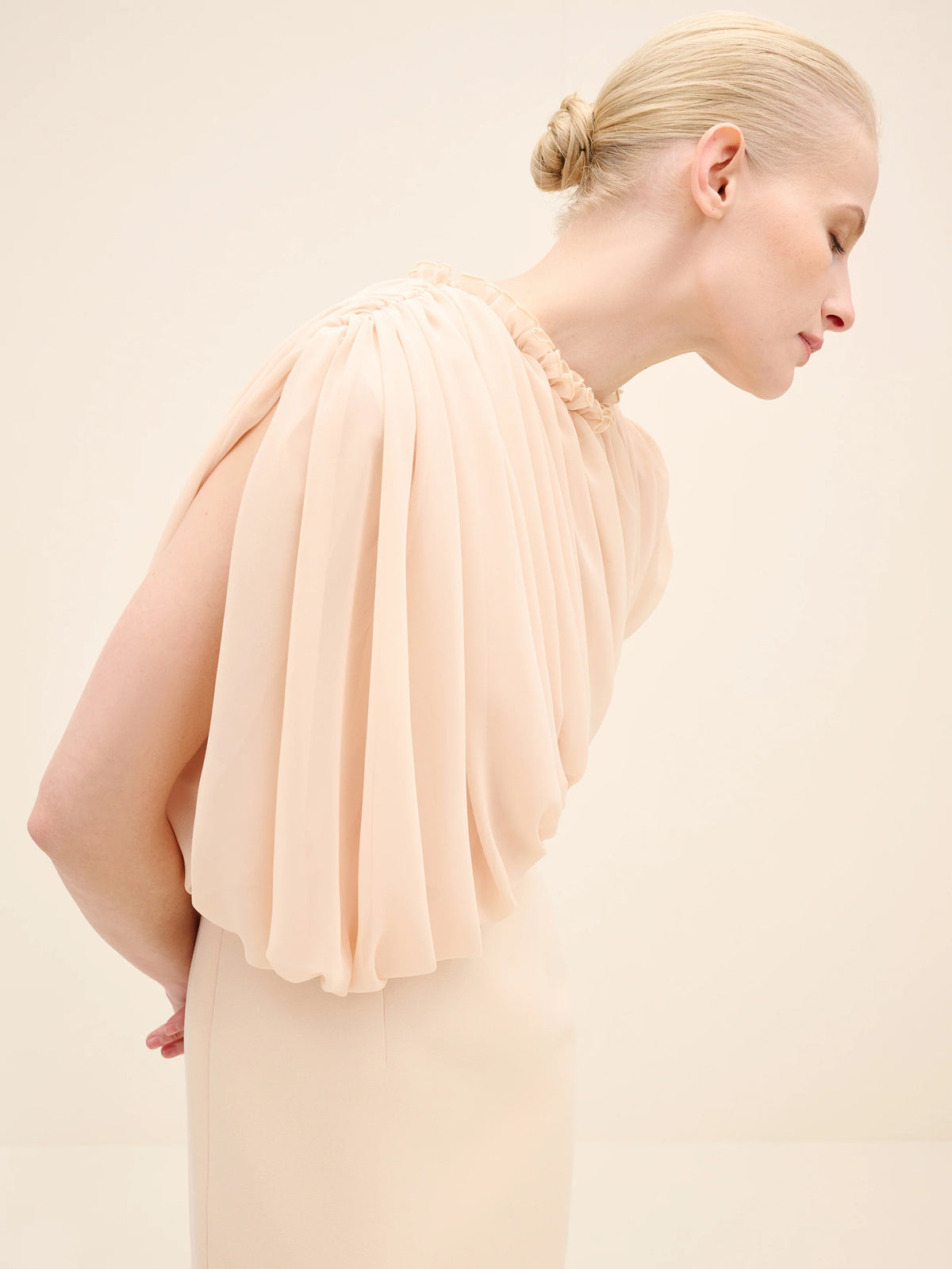 NÉAN Draped Chiffon Bodice Crepe Column Gown - Beige