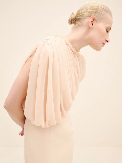 NÉAN Draped Chiffon Bodice Crepe Column Gown - Beige