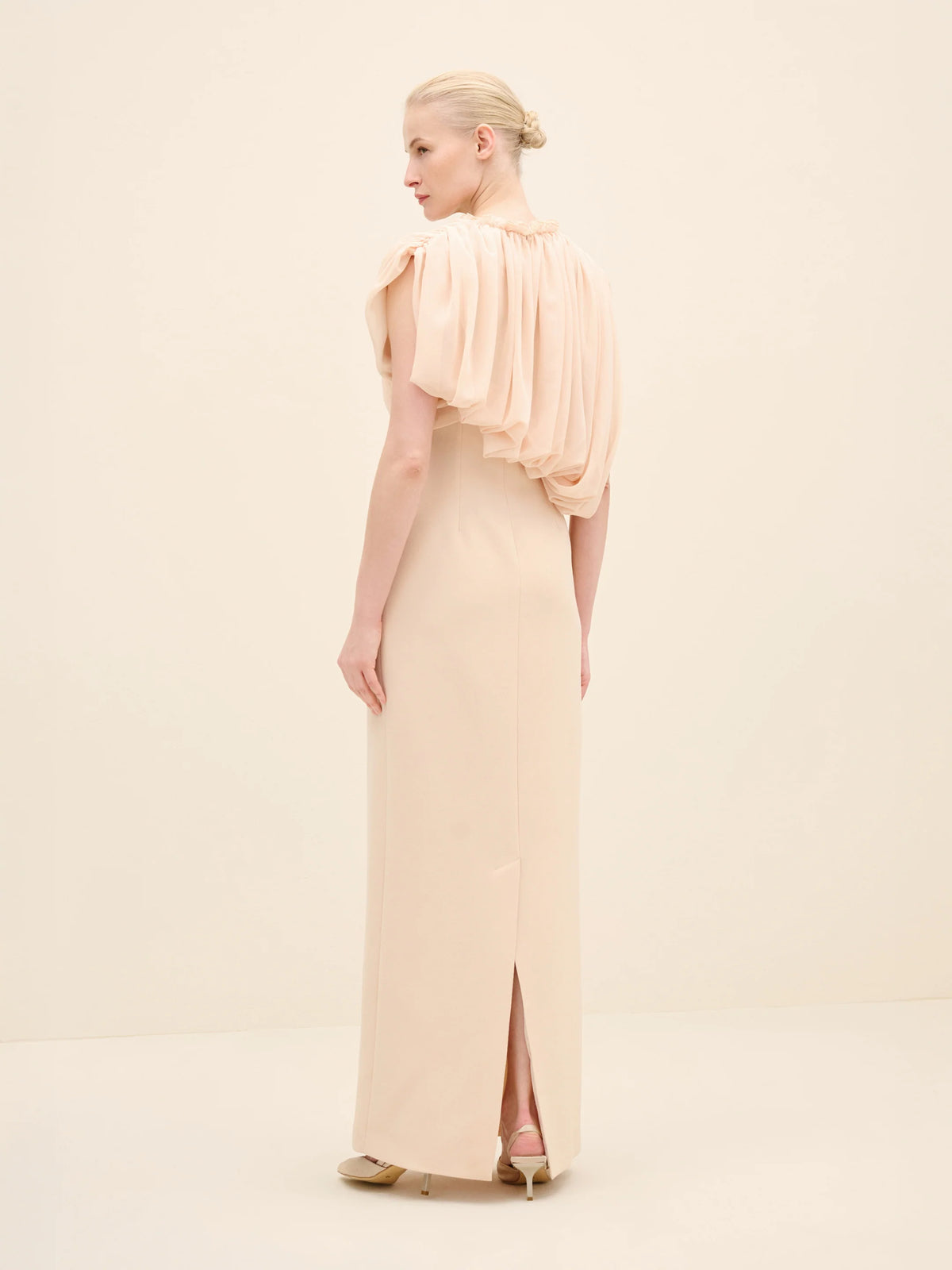 NÉAN Draped Chiffon Bodice Crepe Column Gown - Beige