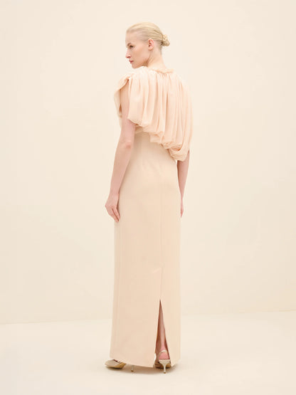 NÉAN Draped Chiffon Bodice Crepe Column Gown - Beige