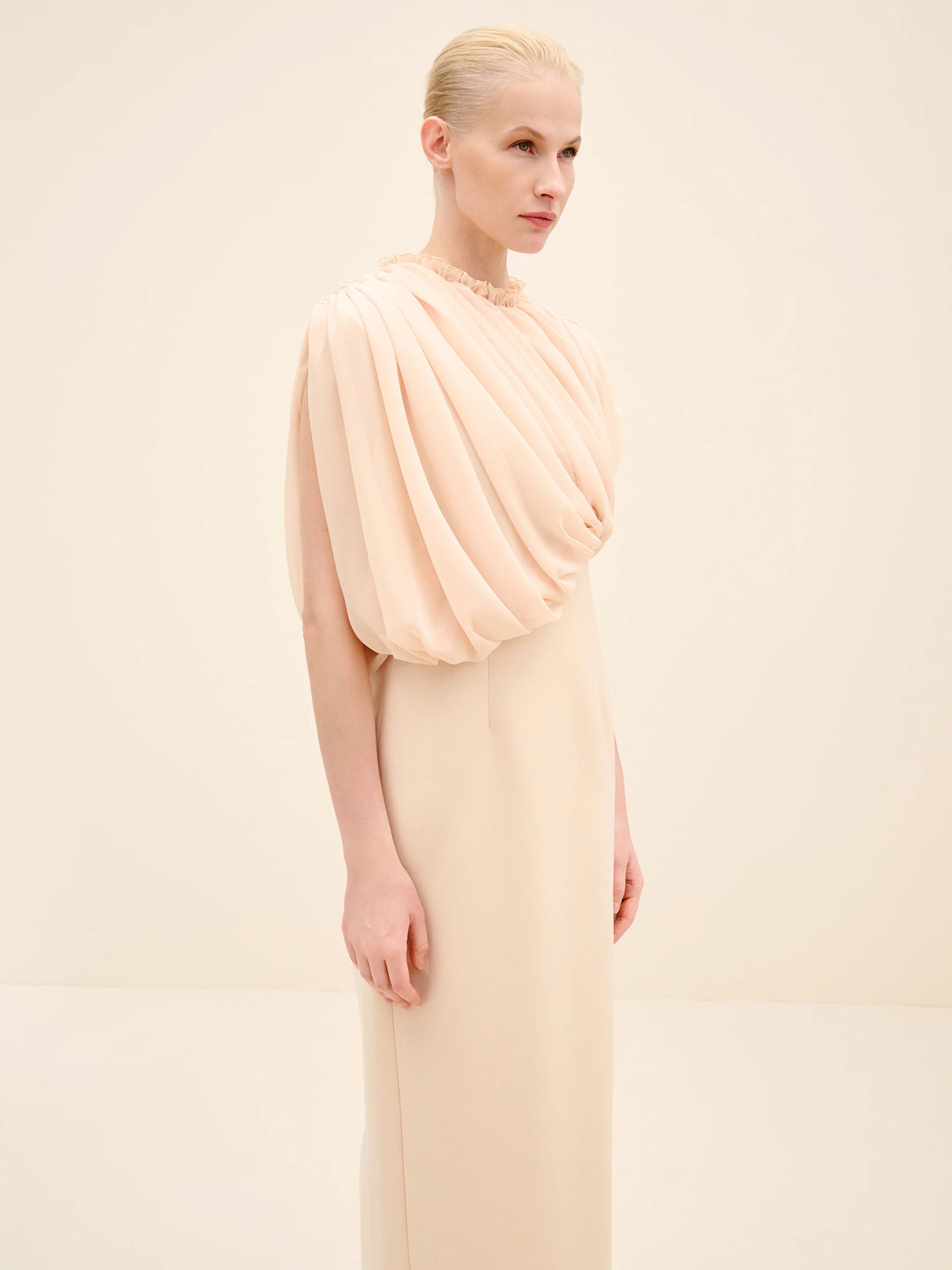 NÉAN Draped Chiffon Bodice Crepe Column Gown - Beige