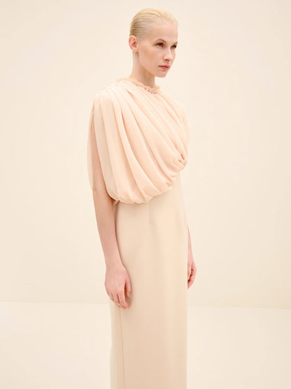 NÉAN Draped Chiffon Bodice Crepe Column Gown - Beige