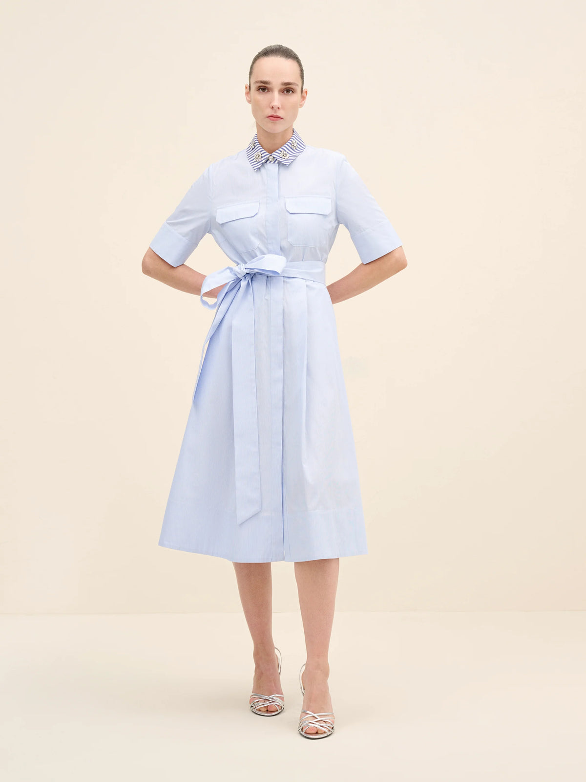 NÉAN Embellished Collar Cotton Shirt Dress - Multi Color