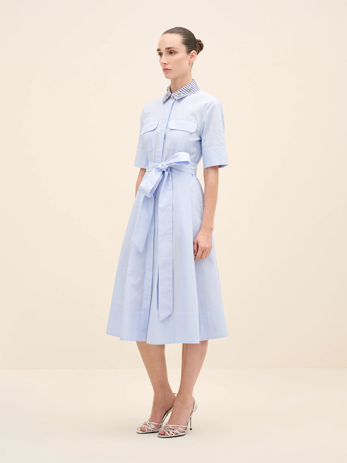 NÉAN Embellished Collar Cotton Shirt Dress - Multi Color