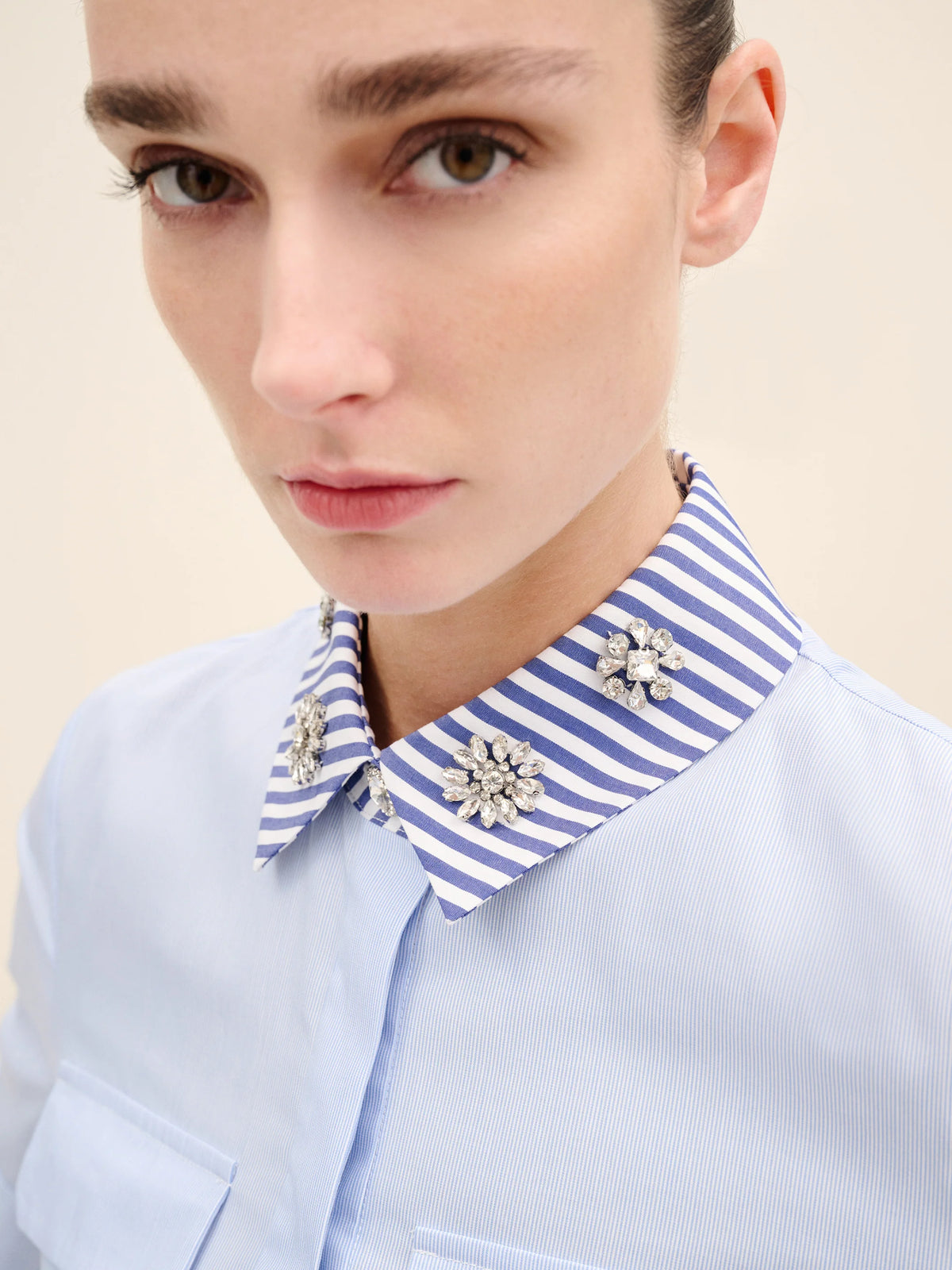 NÉAN Embellished Collar Cotton Shirt Dress - Multi Color