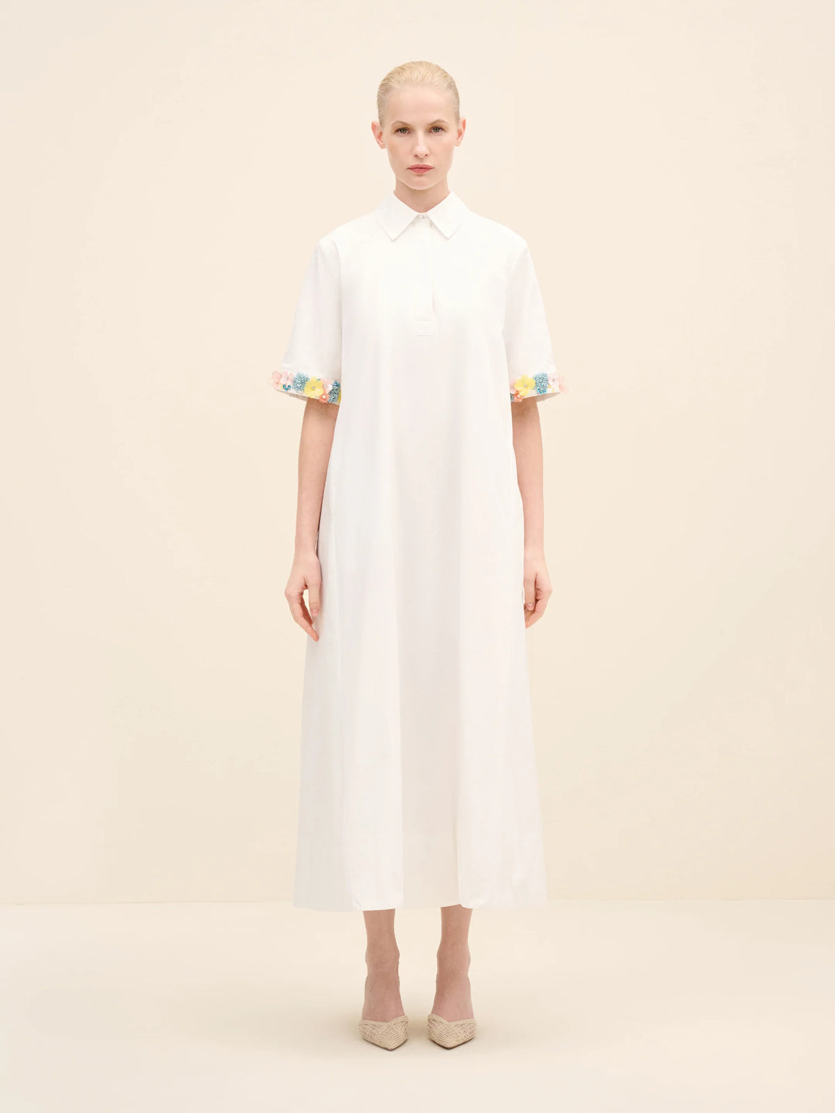 NÉAN Embellished Cuff Poplin Midi Dress - White