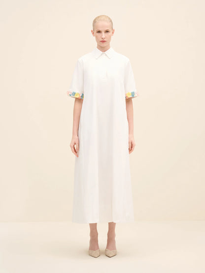 NÉAN Embellished Cuff Poplin Midi Dress - White
