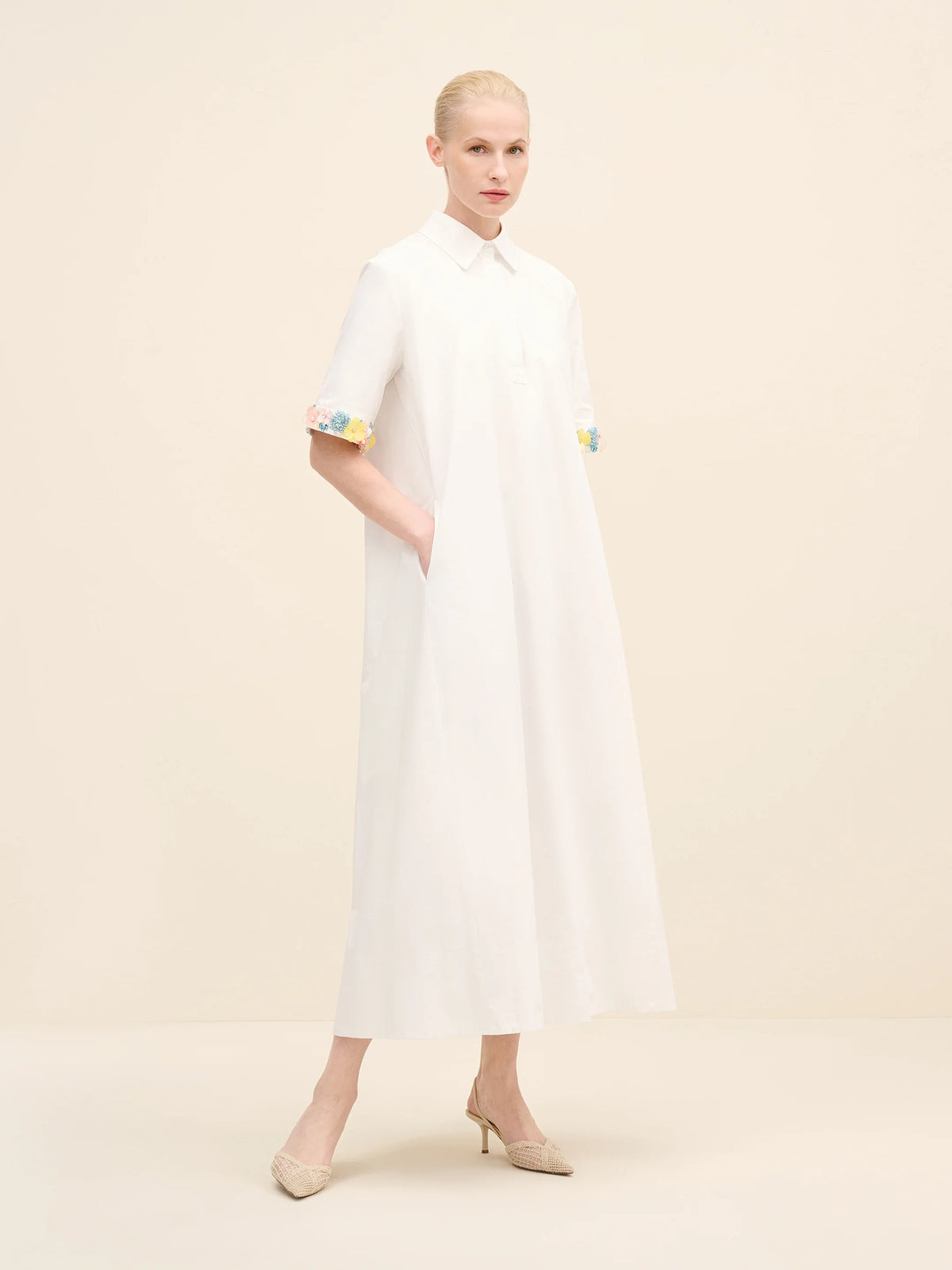 NÉAN Embellished Cuff Poplin Midi Dress - White