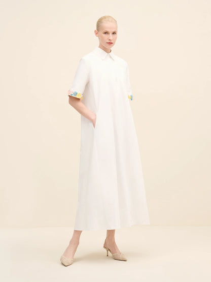 NÉAN Embellished Cuff Poplin Midi Dress - White