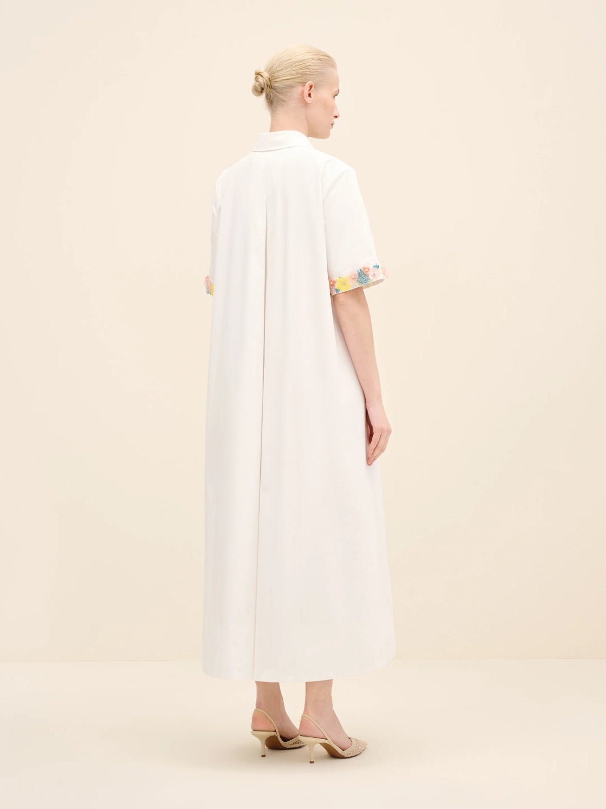 NÉAN Embellished Cuff Poplin Midi Dress - White