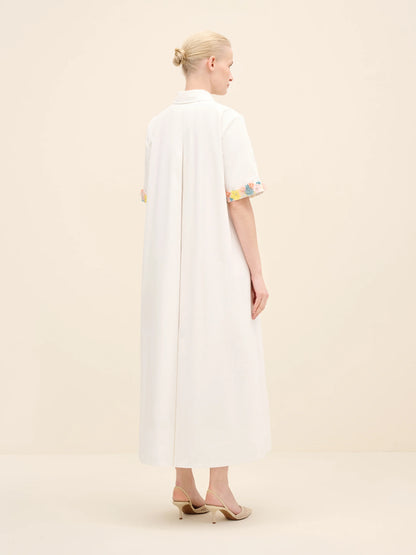 NÉAN Embellished Cuff Poplin Midi Dress - White