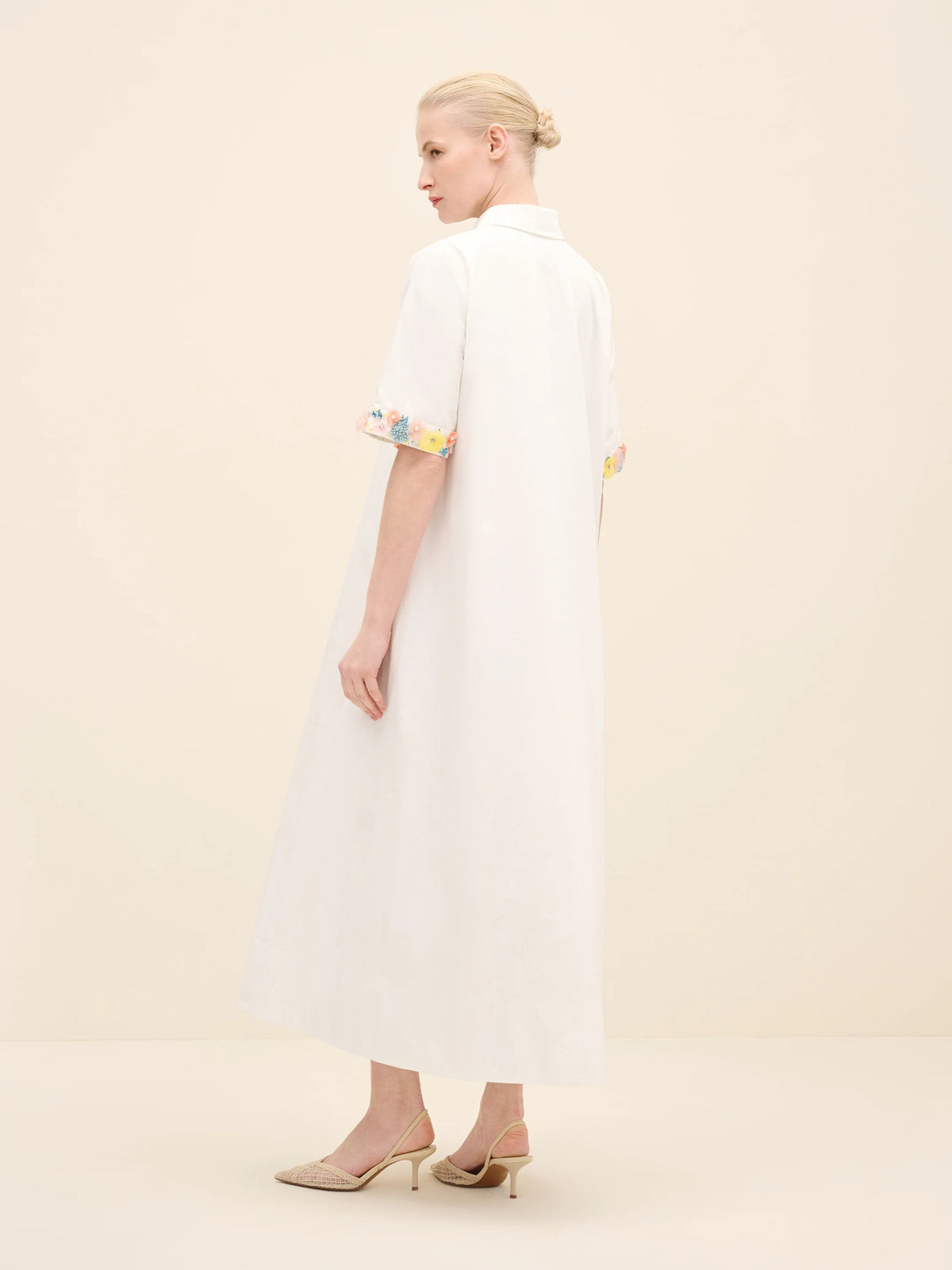 NÉAN Embellished Cuff Poplin Midi Dress - White
