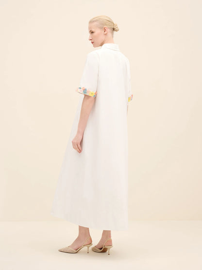 NÉAN Embellished Cuff Poplin Midi Dress - White