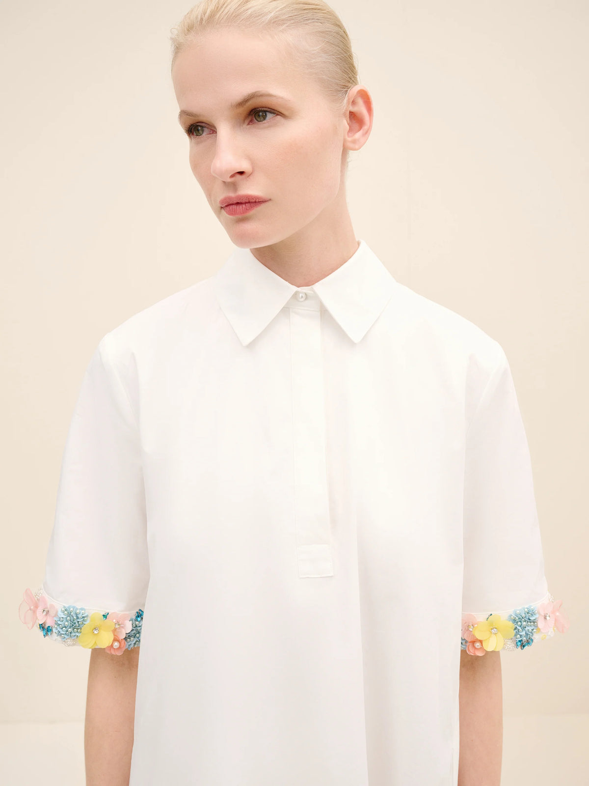 NÉAN Embellished Cuff Poplin Midi Dress - White