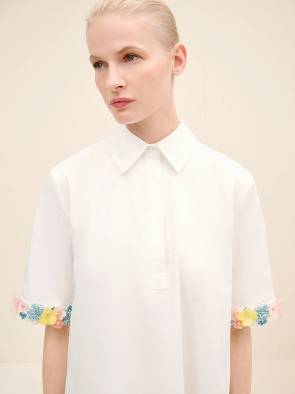 NÉAN Embellished Cuff Poplin Midi Dress - White