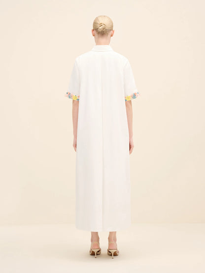 NÉAN Embellished Cuff Poplin Midi Dress - White