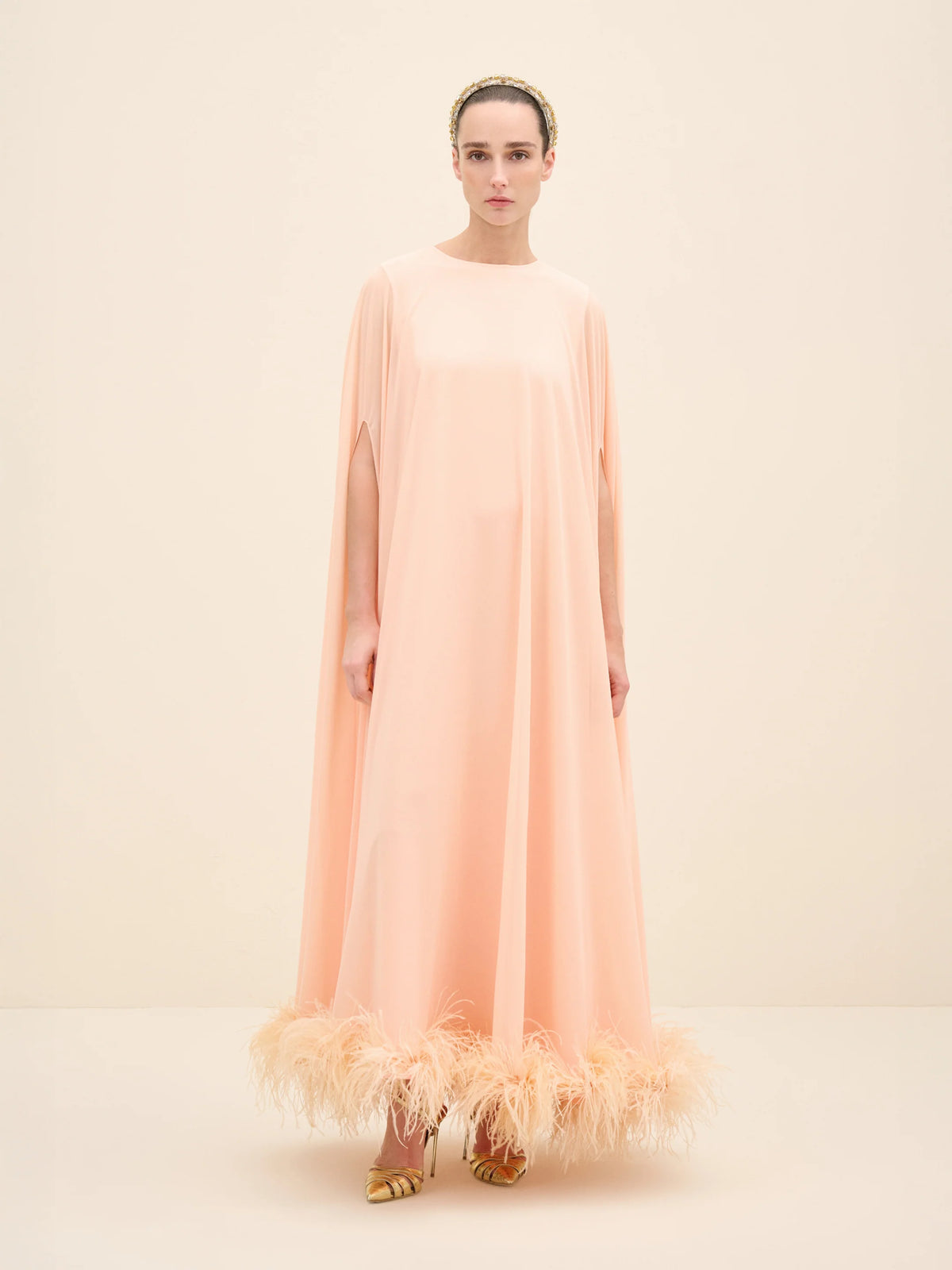 NÉAN Feather-Hem Cape Maxi Dress - Peach