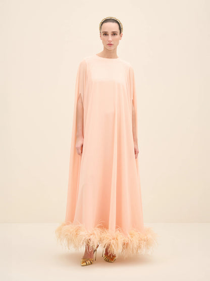 NÉAN Feather-Hem Cape Maxi Dress - Peach