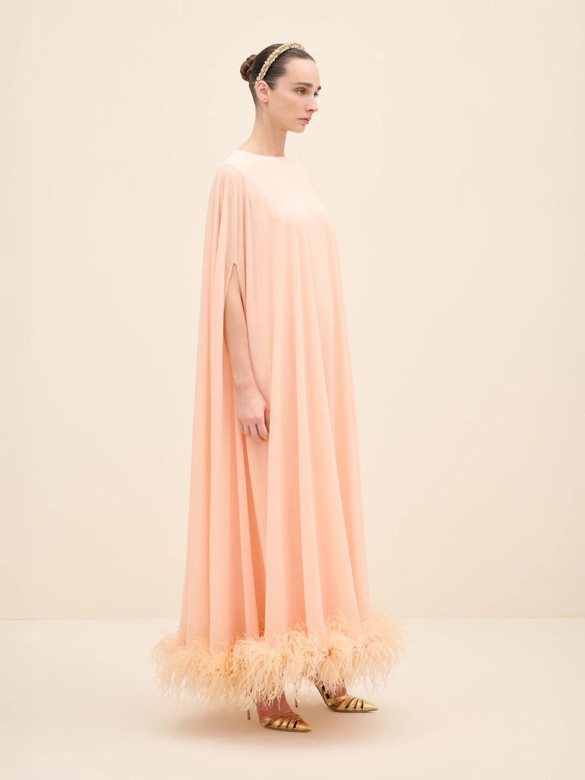 NÉAN Feather-Hem Cape Maxi Dress - Peach