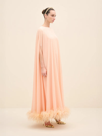 NÉAN Feather-Hem Cape Maxi Dress - Peach