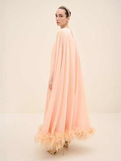 NÉAN Feather-Hem Cape Maxi Dress - Peach