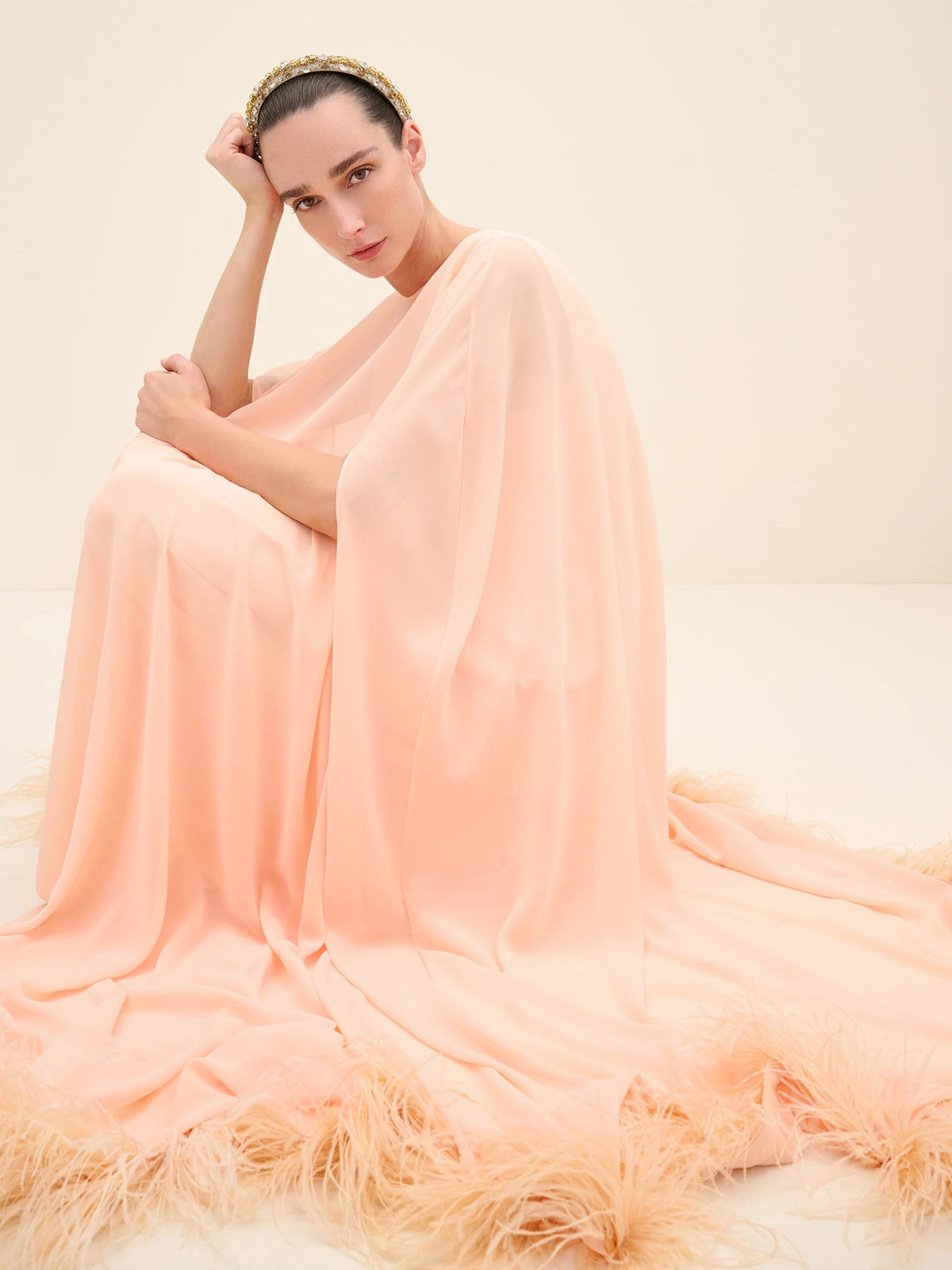 NÉAN Feather-Hem Cape Maxi Dress - Peach