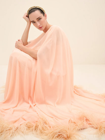 NÉAN Feather-Hem Cape Maxi Dress - Peach