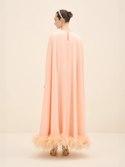 NÉAN Feather-Hem Cape Maxi Dress - Peach