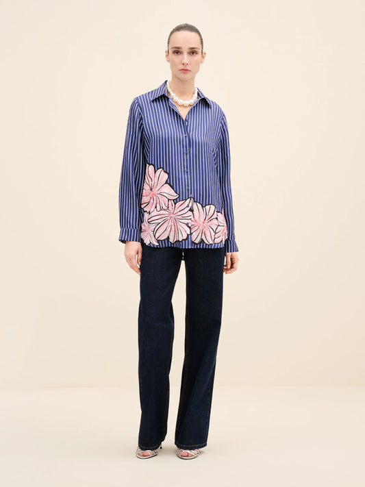 NÉAN Floral-Printed Striped Silk Shirt - Multi Color