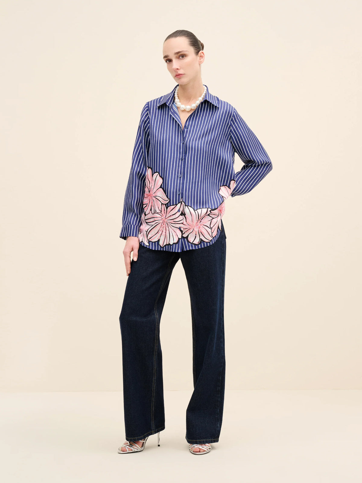 NÉAN Floral-Printed Striped Silk Shirt - Multi Color