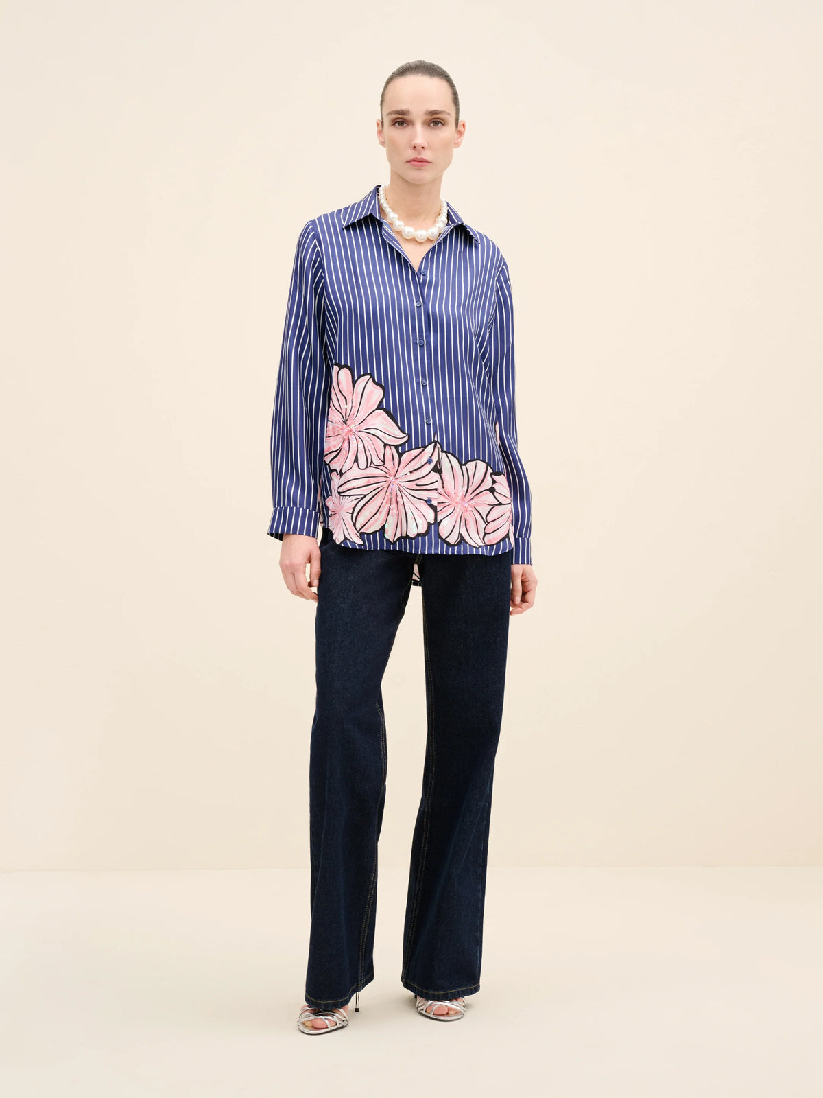 NÉAN Floral-Printed Striped Silk Shirt - Multi Color