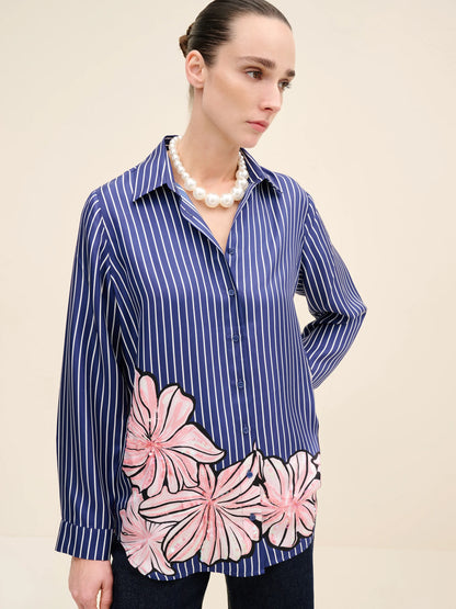 NÉAN Floral-Printed Striped Silk Shirt - Multi Color